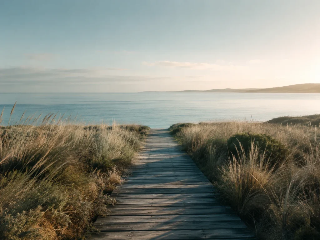 Peaceful coastal boardwalk leading toward calm water