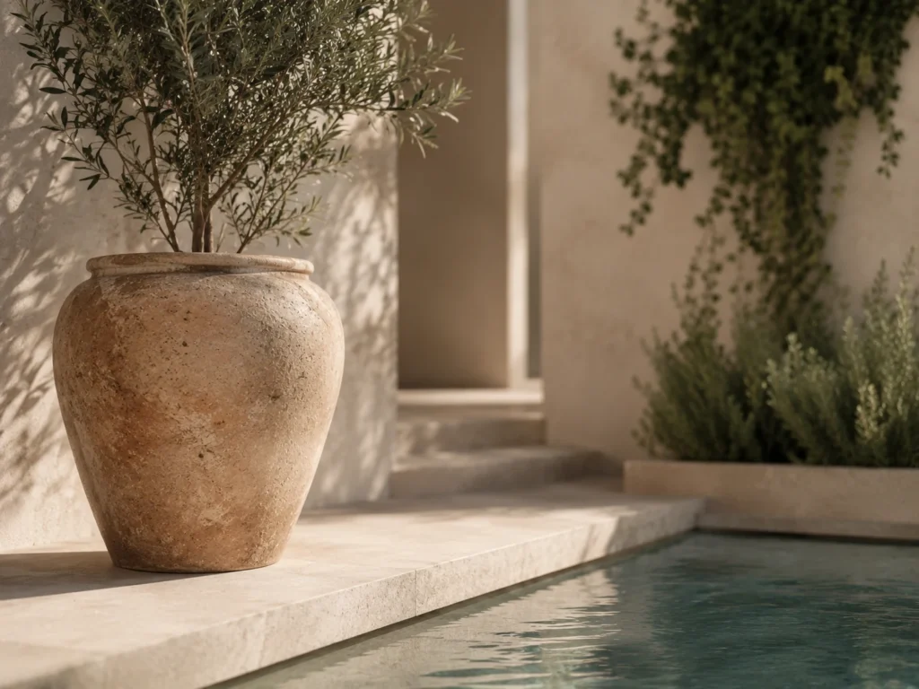 Mediterranean garden with stone steps, greenery, and calm water